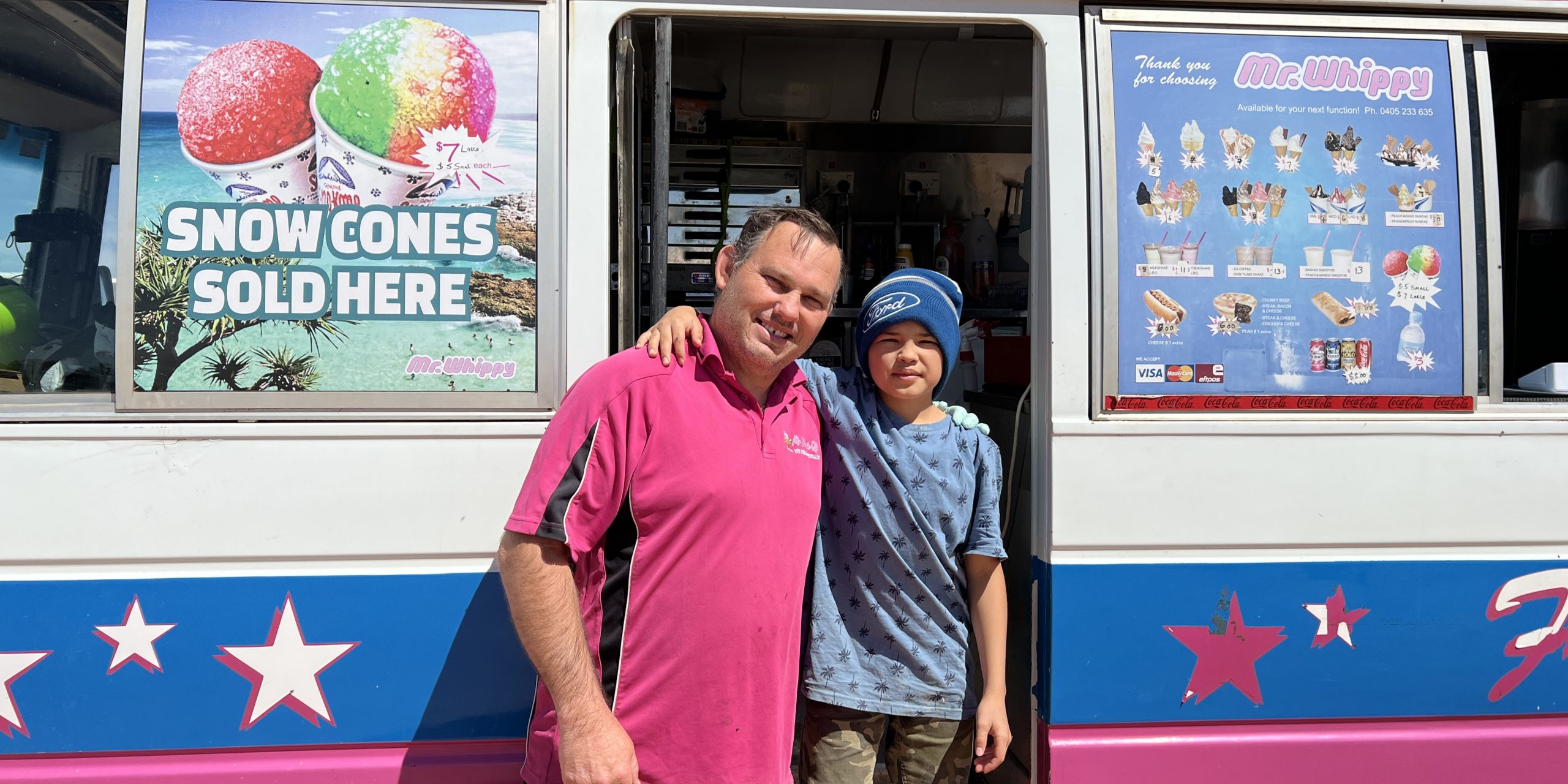 Hoppo and Lance outside their Mr. Whippy truck